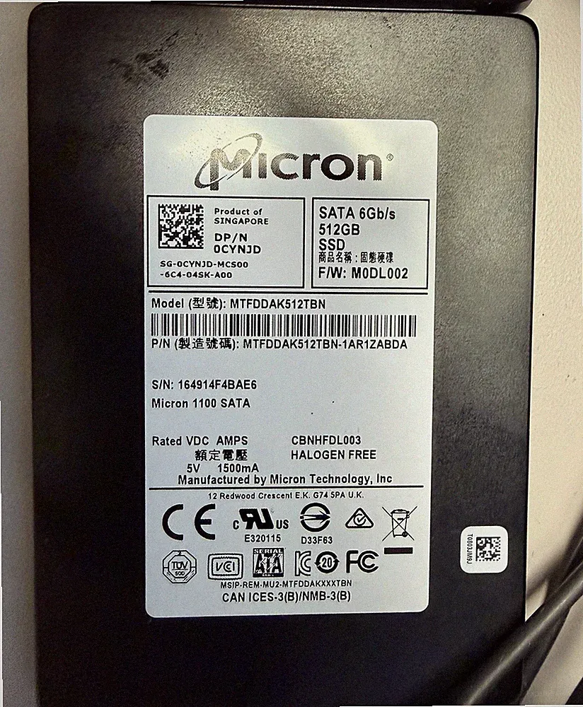Micron 1100 MTFDDAK512TBN 512 GB SATA III 2.5 in Solid State Drive 98% Health